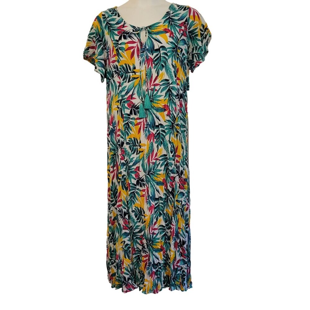 Roamans 18 20 Tropical Green Floral A Line Maxi Dress Modest Long Summer Keyhole